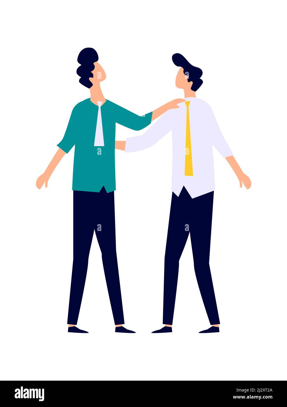 Two men in business suits hug each other by the shoulders, friends