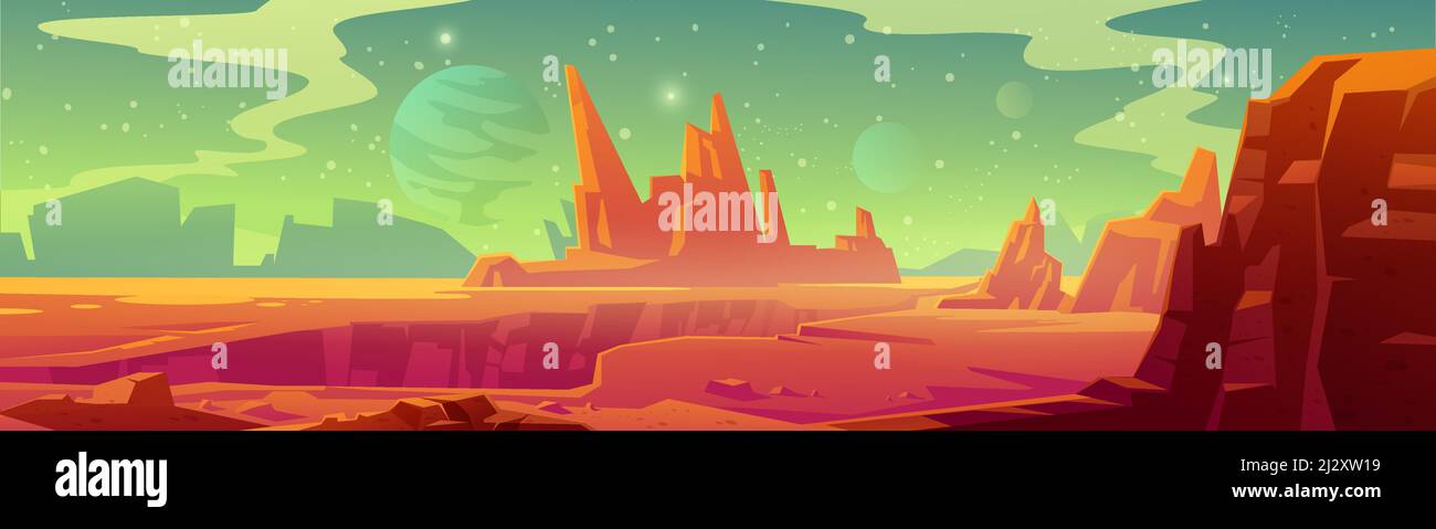 Mars landscape, red alien planet background, desert surface with mountains, rocks, deep cleft and stars shine on green sky. Martian extraterrestrial c Stock Vector