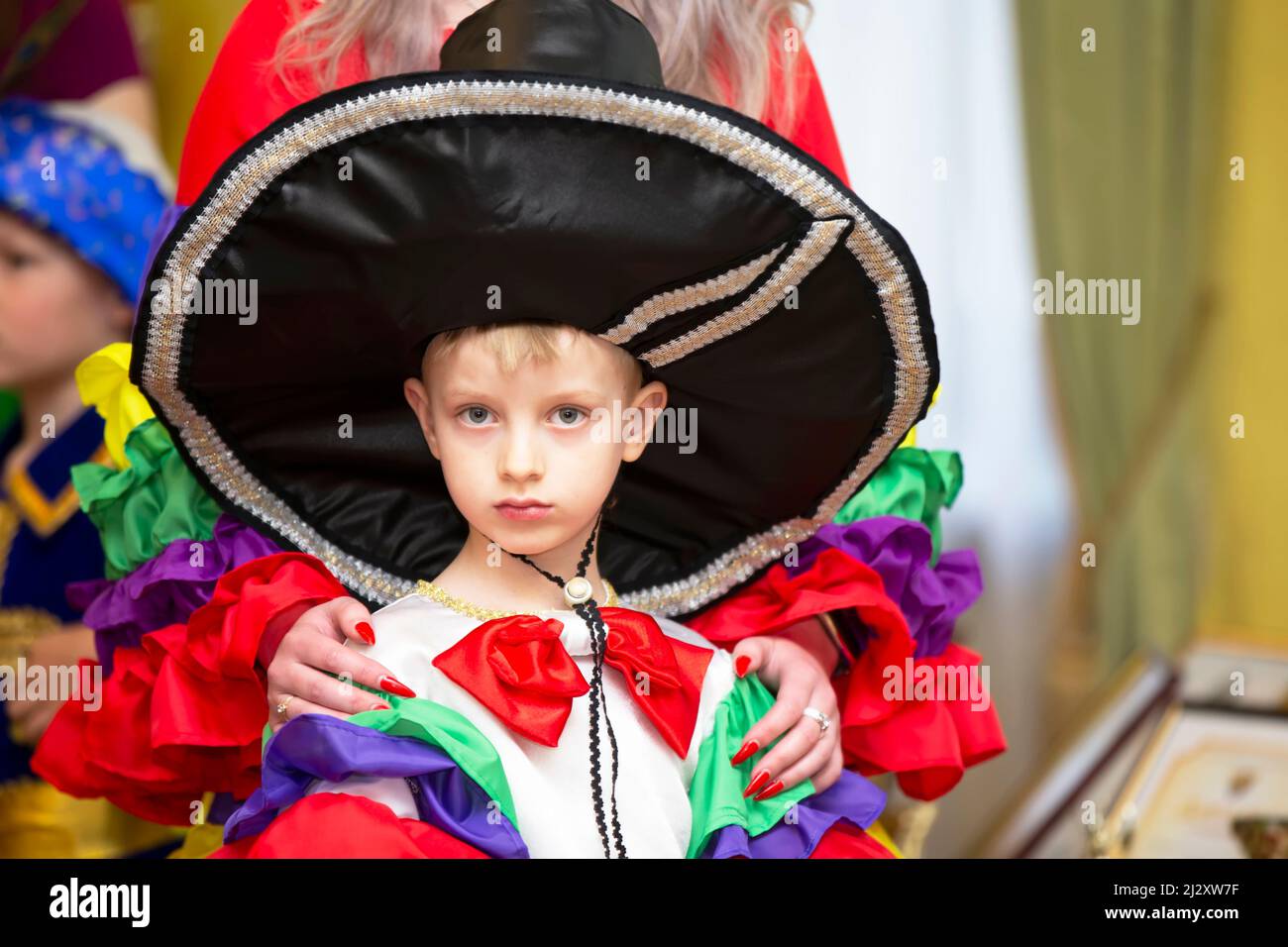 Belarus, the city of Gomil, May 21, 2021. Children's holiday. Little boy in Mexican national costume. Stock Photo