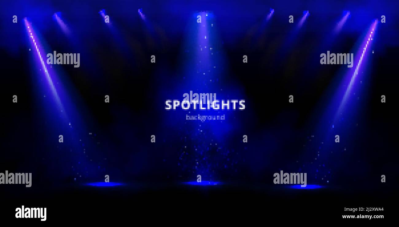 Spotlights background, blue stage light beams with smoke and sparkles on black backdrop. Glowing studio or theater empty scene with shining lamp rays Stock Vector