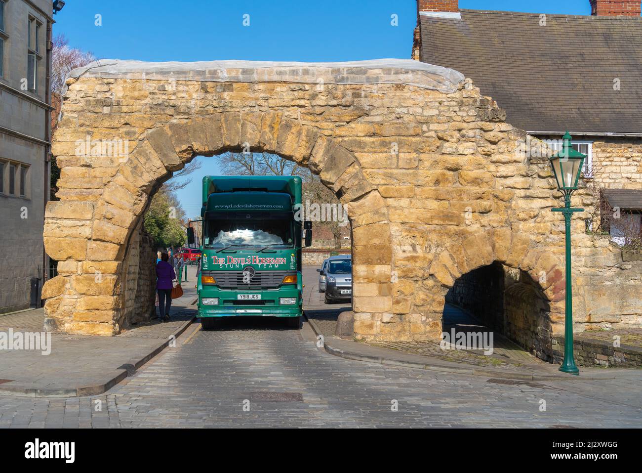 Newport Arch, Lincoln, Roman Sites, most famous, Roman remain Lincoln, best preserved, daily use, through traffic, only roman arch traffic use today. Stock Photo