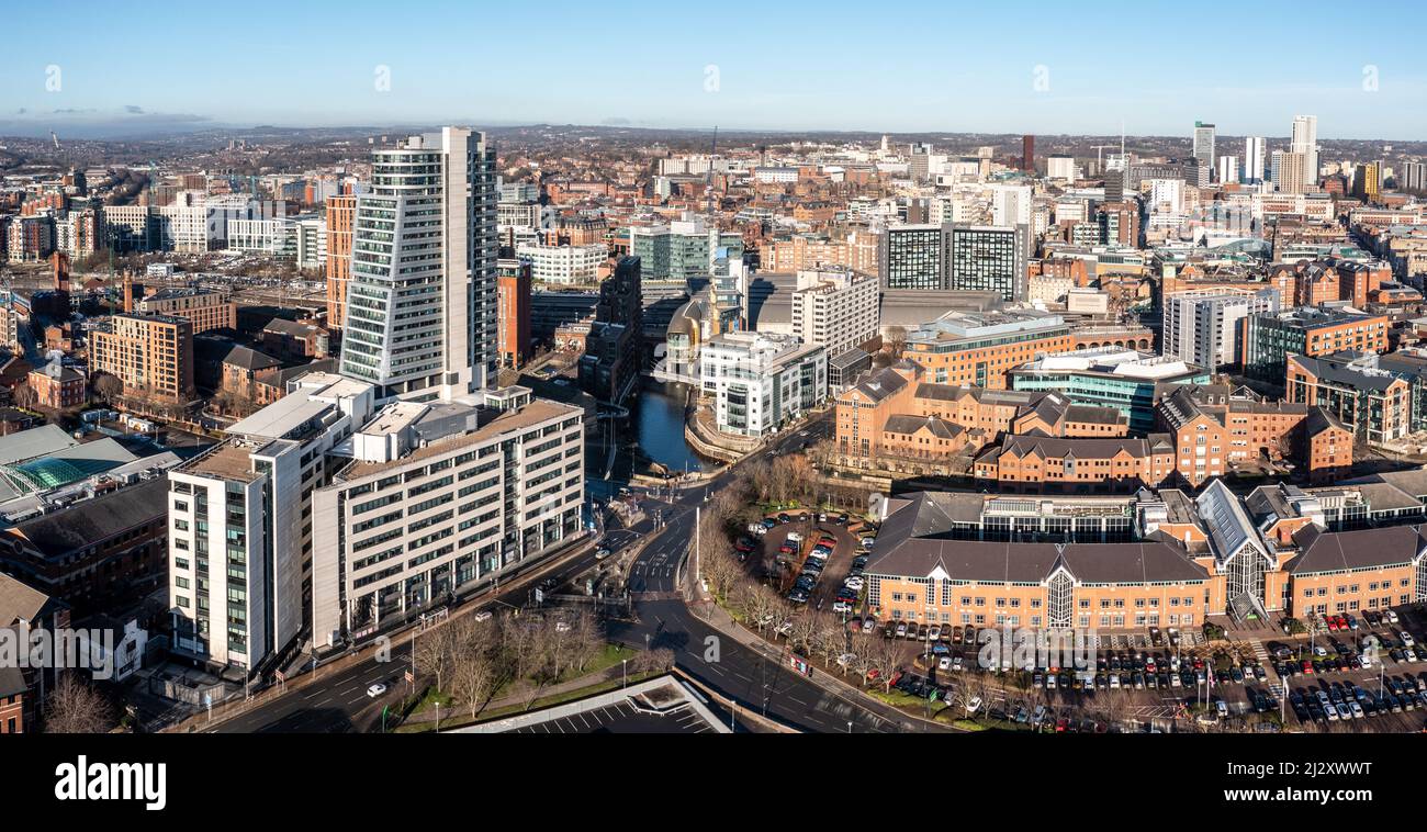 LEEDS, UK - JANUARY 17, 2022.  An aerial view of Leeds city centre skyline with Bridgewater Place and the ASDA Head Office buildings Stock Photo