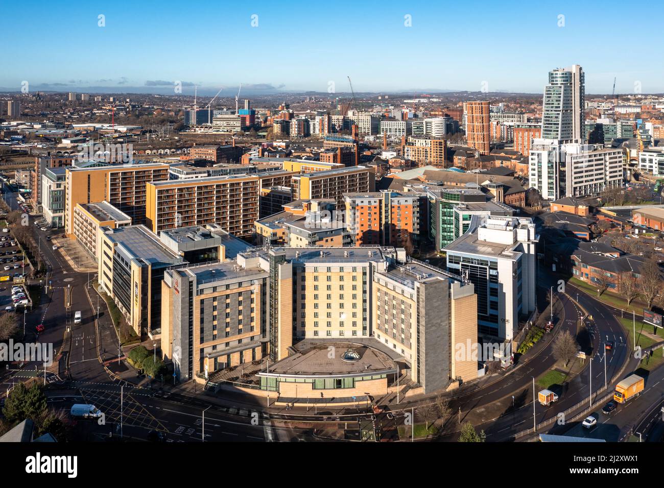 HOLBECK, LEEDS, UK - JANUARY 17, 2022.  An aerial panoramic view of the buildings and architecture in a Leeds city centre skyline from the Holbeck dis Stock Photo