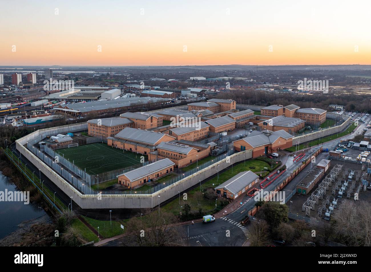 DONCASTER, UK - JANUARY 13, 2022.  Aerial view of HMP Doncaster prison at sunset Stock Photo