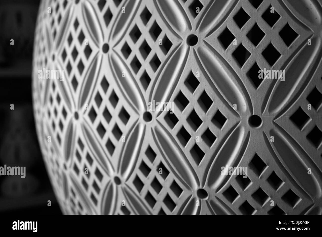 Tunisian pottery. Close detail and shallow focus on a decorative vase in a traditional Arabic North African pattern. Stock Photo