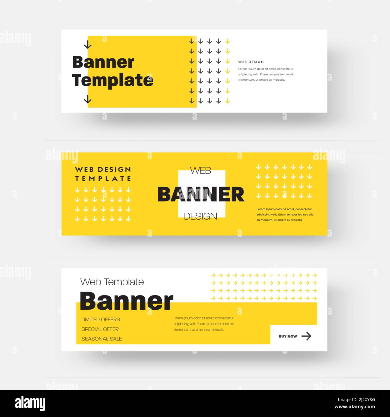 Vector rectangular horizontal web banner with yellow and white abstract pattern, squares and arrows. Layout design for advertising. Template with blac Stock Vector