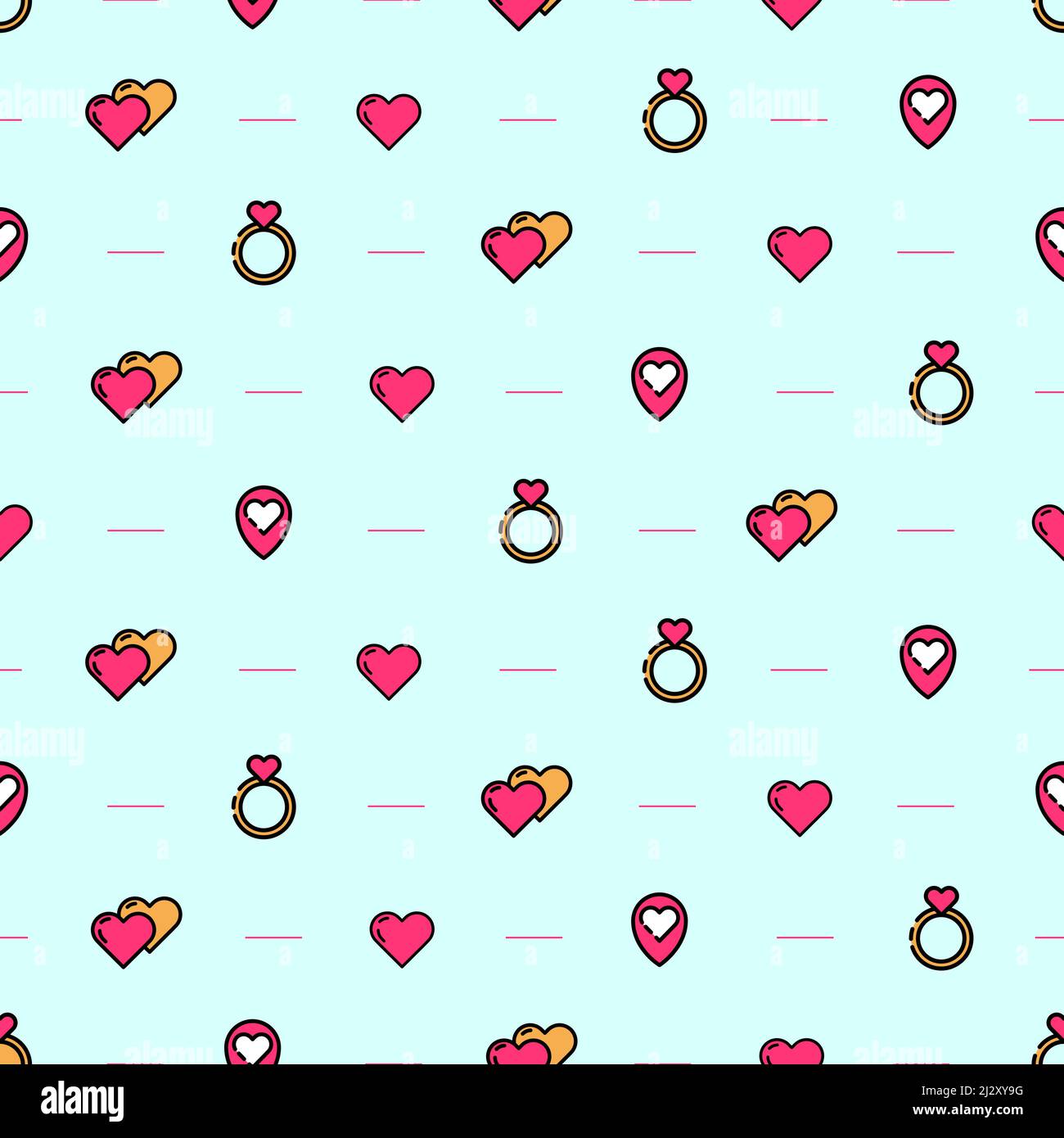 Seamless pattern with design of vector icons on the theme of 'Valentine's Day'.Template with pink and yellow geolocation and ring. Set with hearts for Stock Vector