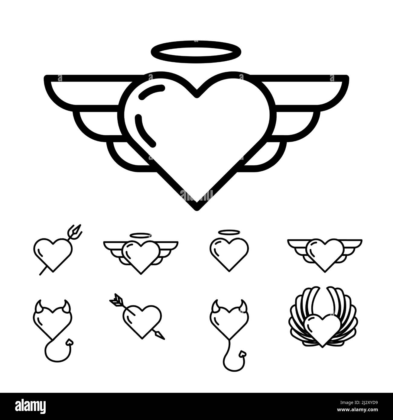 Set of vector linear icons on a white background on the theme of 'Valentine's Day.' Design with heart, halo, wings and horns. Template for the holiday Stock Vector