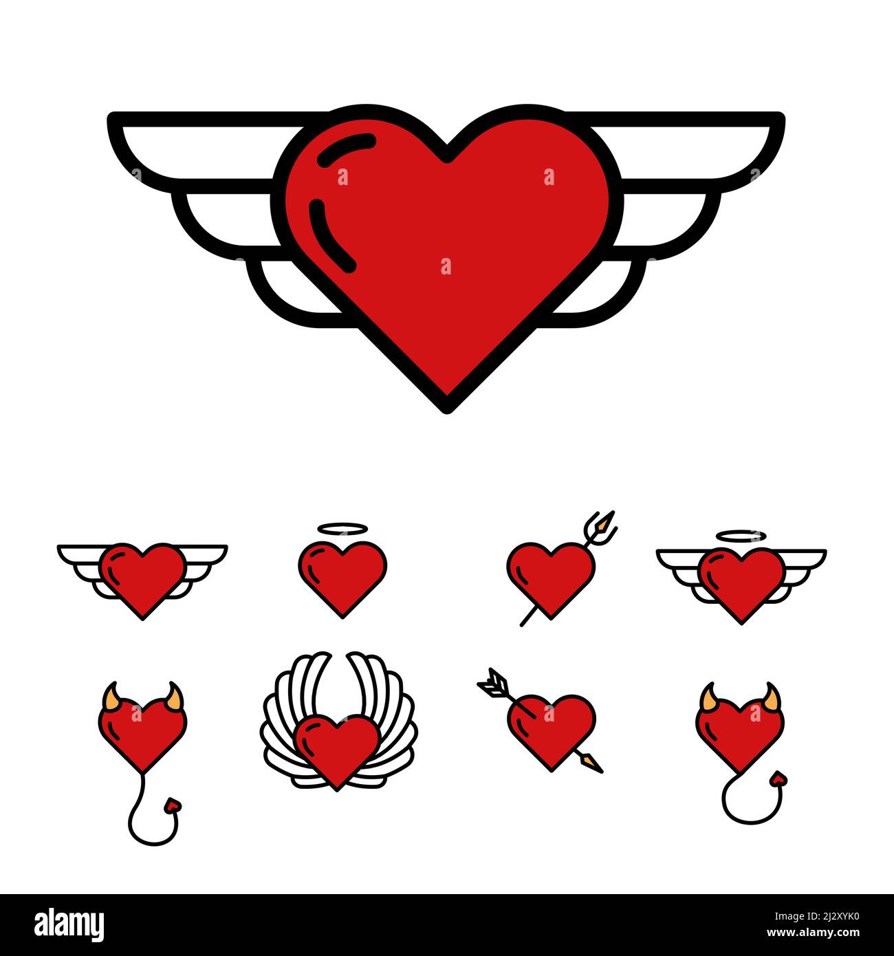 Set of vector icons on a white background on the theme of 'Valentine's Day'. Template beautiful design for the holiday. Hearts with a halo, wings and Stock Vector