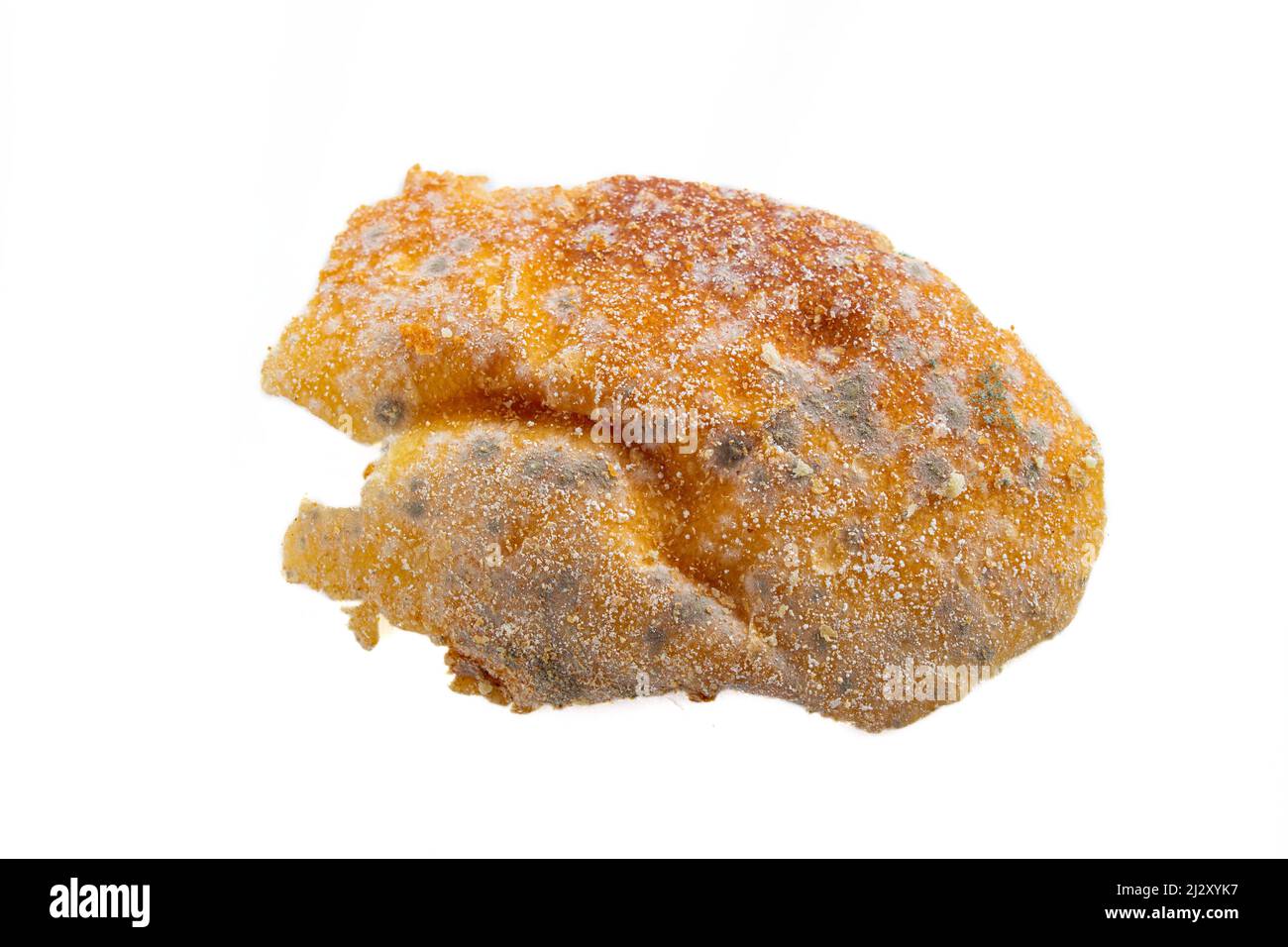 Top view moldy bread isolated on white background. Rotten bread. Mildew covered food. Stock Photo
