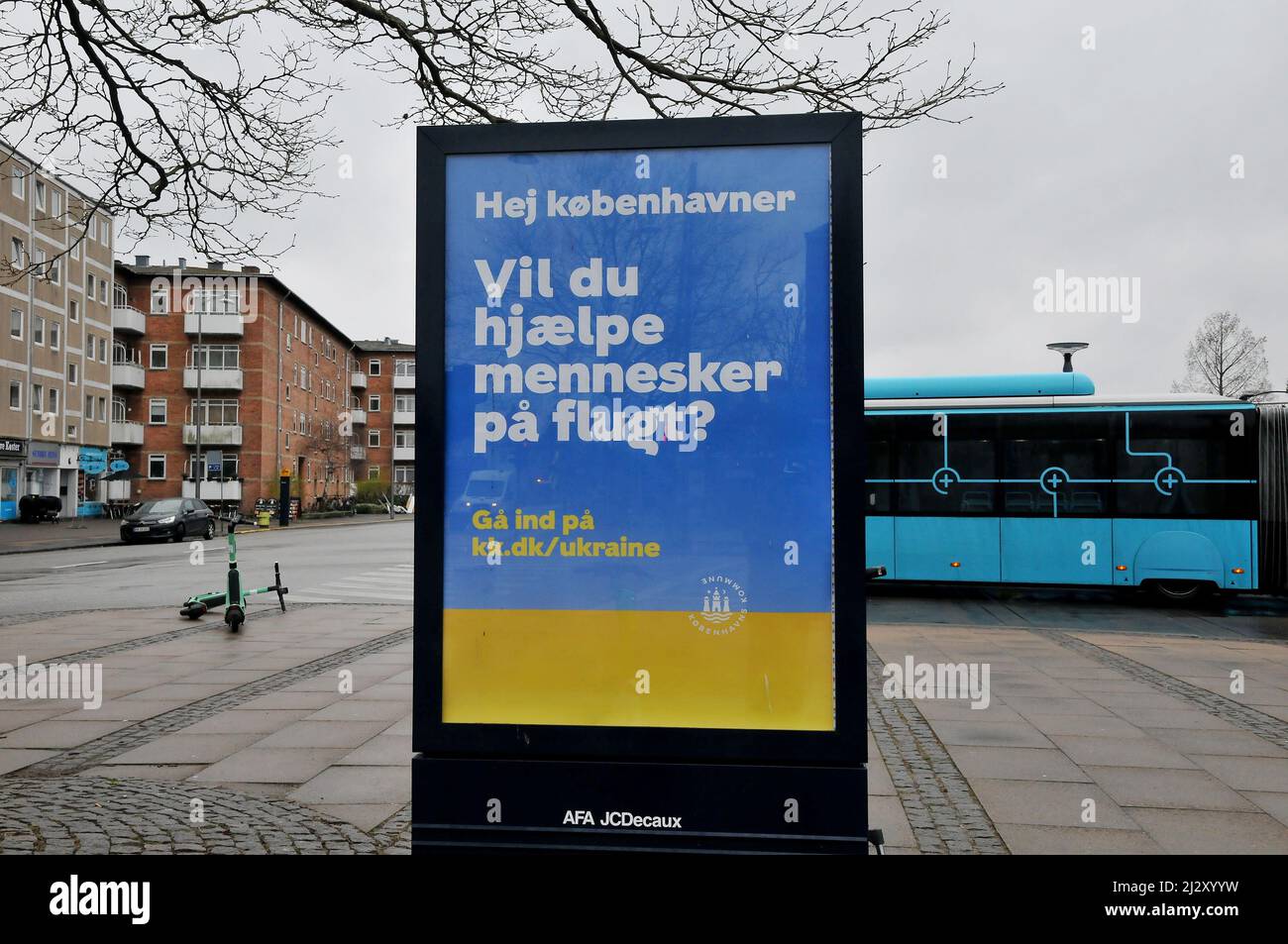 Copenhagen/Denmark/.04 April 2022/Billboard from Copenhagen Town hall council hello Copenhagen nation would participate help people on move from Ukraine..    (Photo..Francis Dean/Dean Pictures) Stock Photo