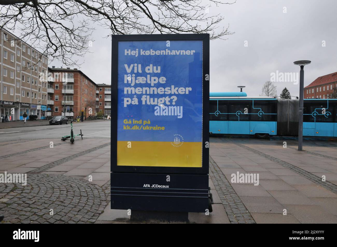 Copenhagen/Denmark/.04 April 2022/Billboard from Copenhagen Town hall council hello Copenhagen nation would participate help people on move from Ukraine..    (Photo..Francis Dean/Dean Pictures) Stock Photo