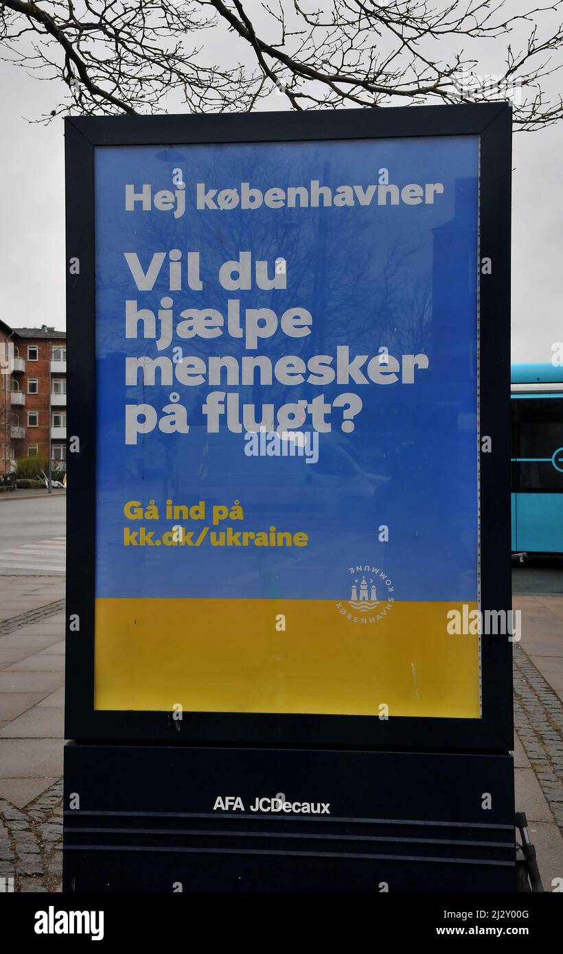 Copenhagen/Denmark/.04 April 2022/Billboard from Copenhagen Town hall council hello Copenhagen nation would participate help people on move from Ukraine..    (Photo..Francis Dean/Dean Pictures) Stock Photo