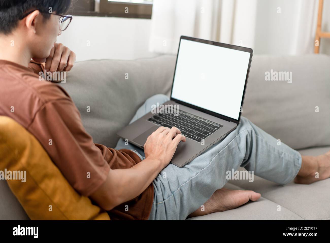 Lean Into Screen Technology Concept The man that is putting on glasses leaning his back ...