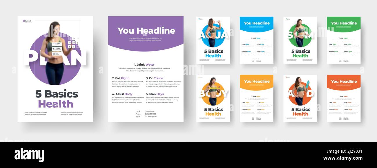 Double-sided leaflet template with colored circles and a girl on a white background. Design flyer for advertising, a model for gyms. Set of posters on Stock Vector