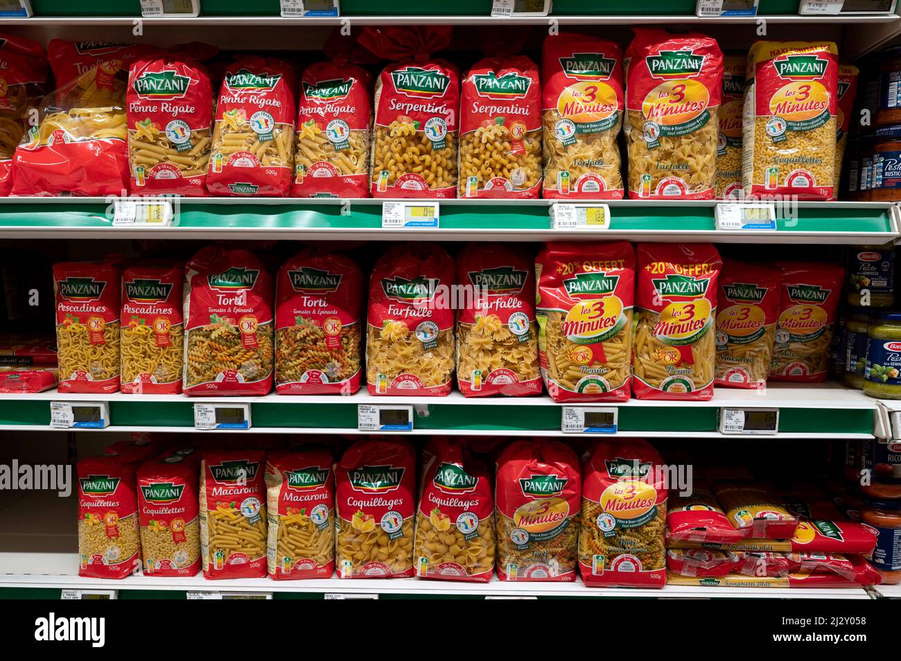 Super U supermarket: pasta aisle with Panzani pasta Stock Photo