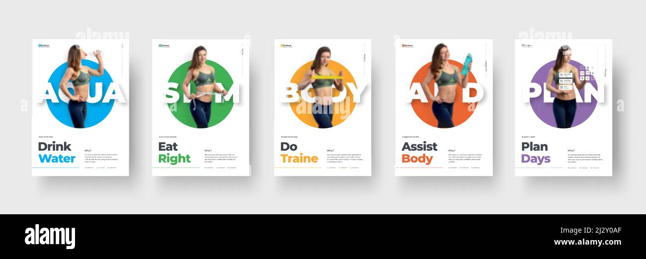 Set of vector flyers with a girl in a colored circle on a white background. Design of a poster for advertising on the subject of sports, nutrition and Stock Vector