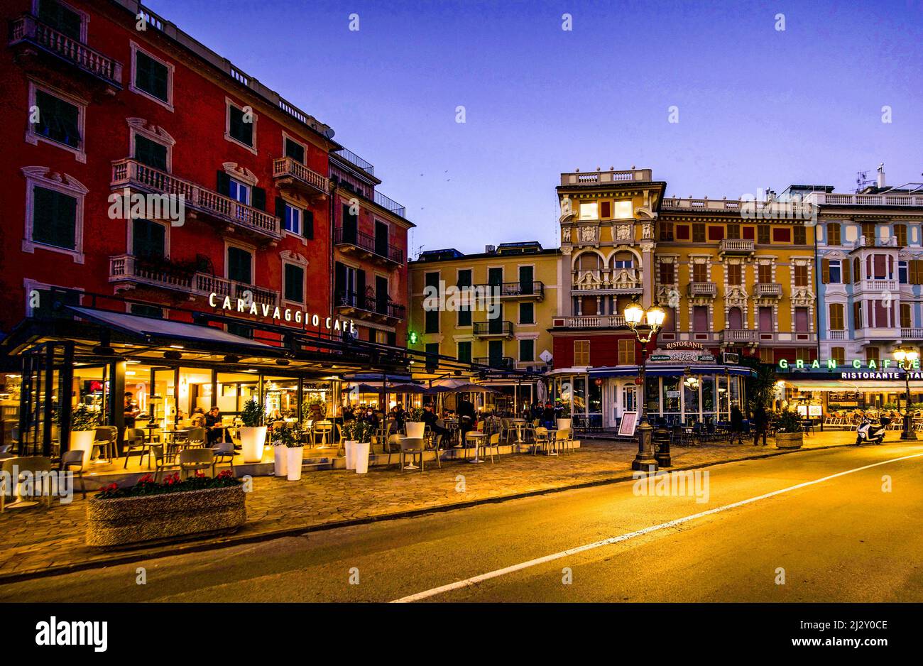 Grand cafes on the lakeside promenade of Rapallo, Liguria; Levantine Riviera, Italy Stock Photo