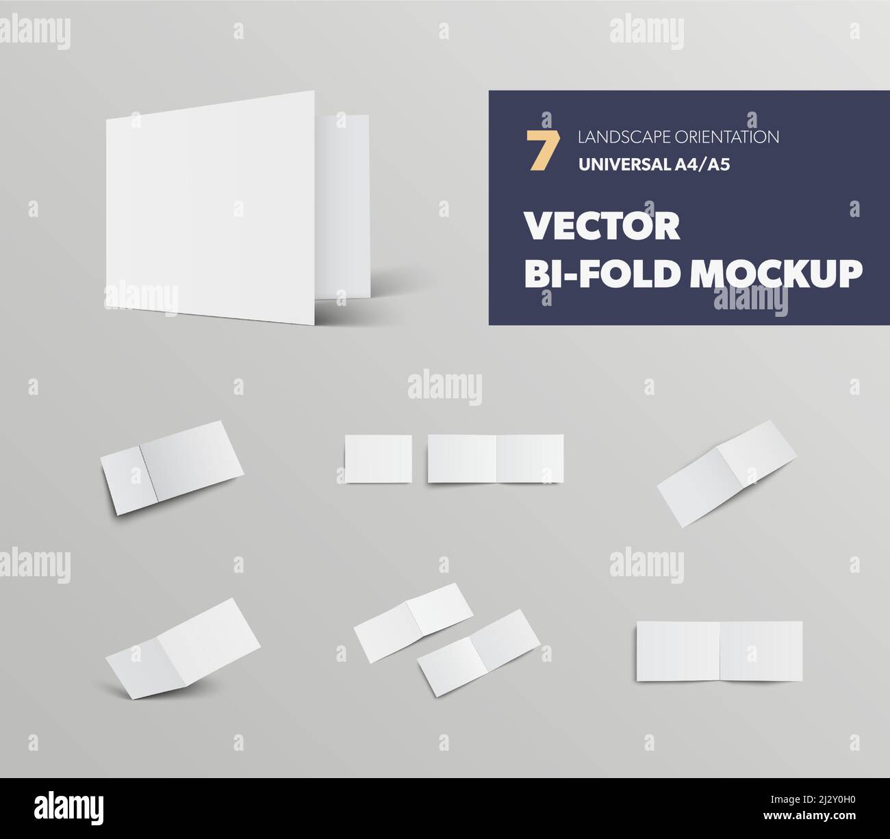 Mockup standard universal A4, A5 bifold, with realistic shadows, landscape orientation brochure, for design presentation. Template of blank booklet is Stock Vector