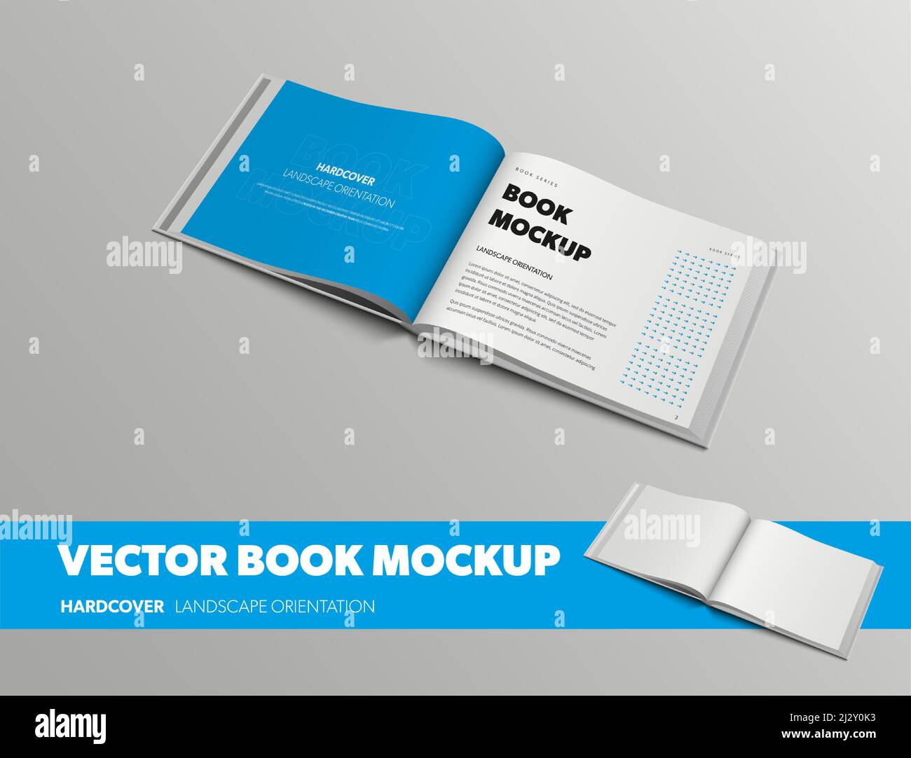 Standard size open book template with abstract pattern, with blue page, landscape orientation, isolated on gray background. Mockup of vector object wi Stock Vector