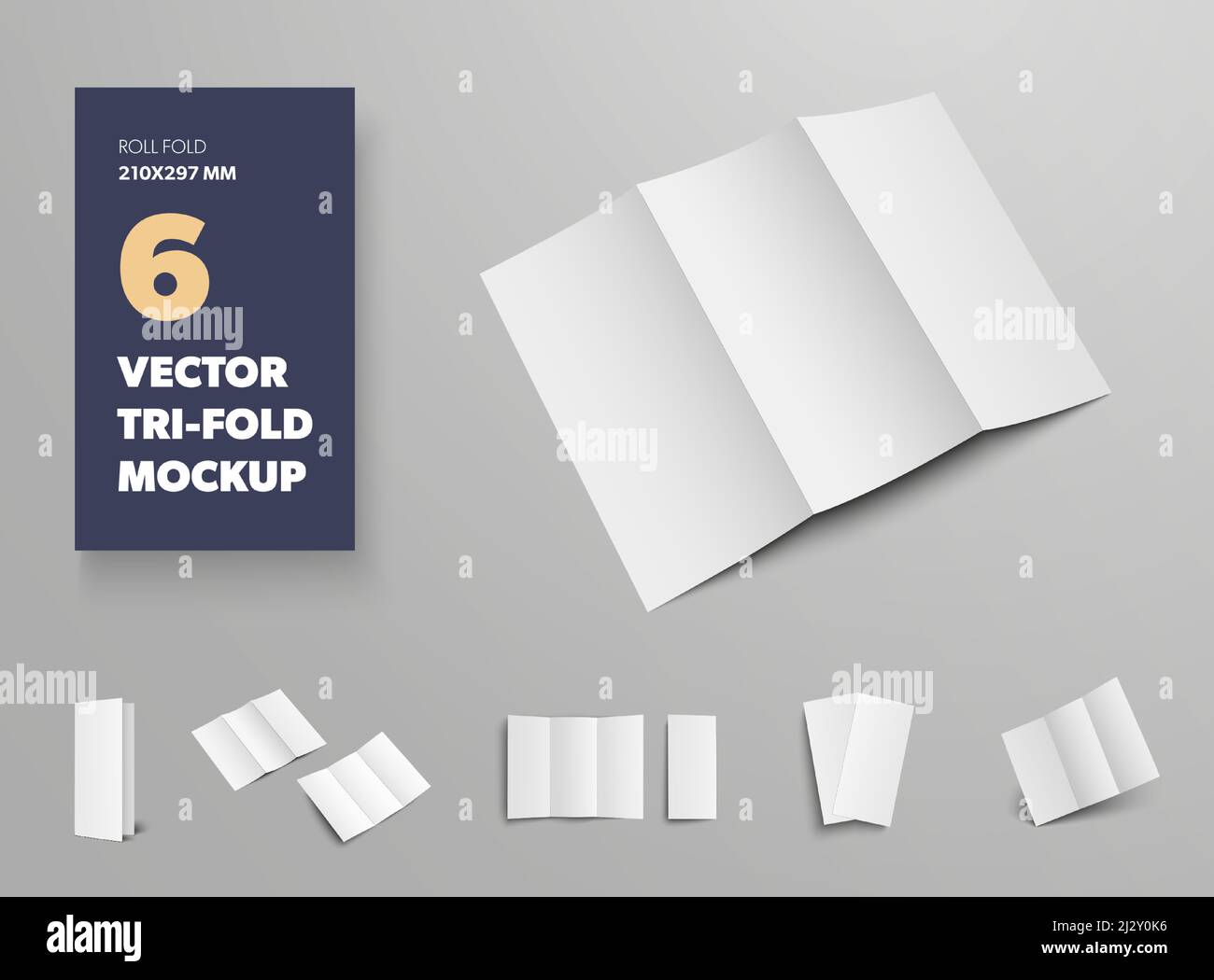 Mockup of vector tri-fold, white open and closed brochures, for design presentation. Set of standard business booklet templates with realistic shadows Stock Vector