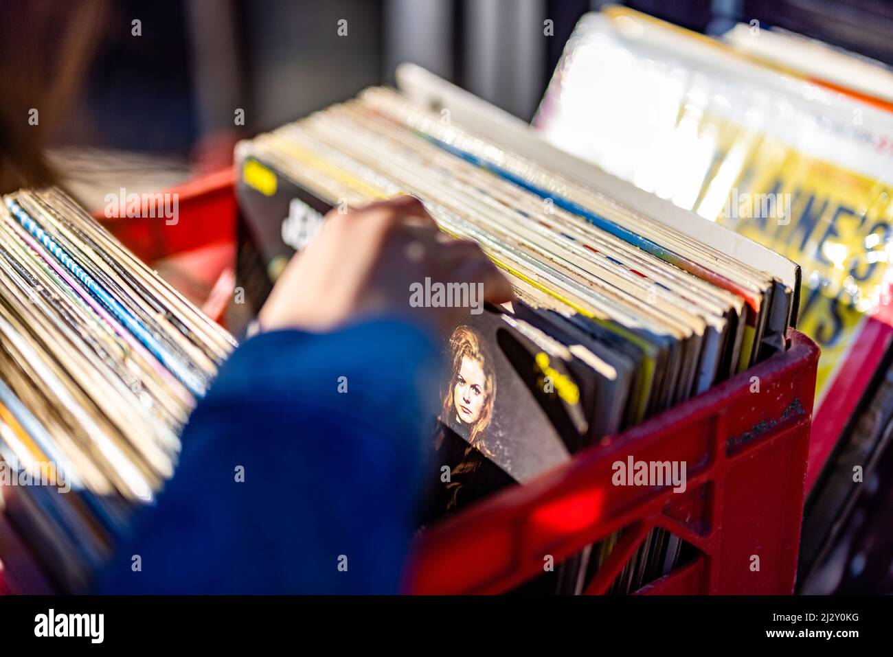 Person digging through crate of records Stock Photo Alamy