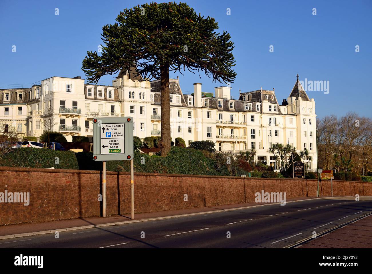 The Grand Hotel on the seafront road in Torquay, South Devon, England. Stock Photo