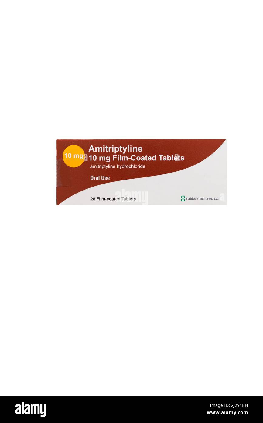 Closeup of Amitriptyline Hydrochloride 10 mg Film-Coated Tablets packaging Stock Photo