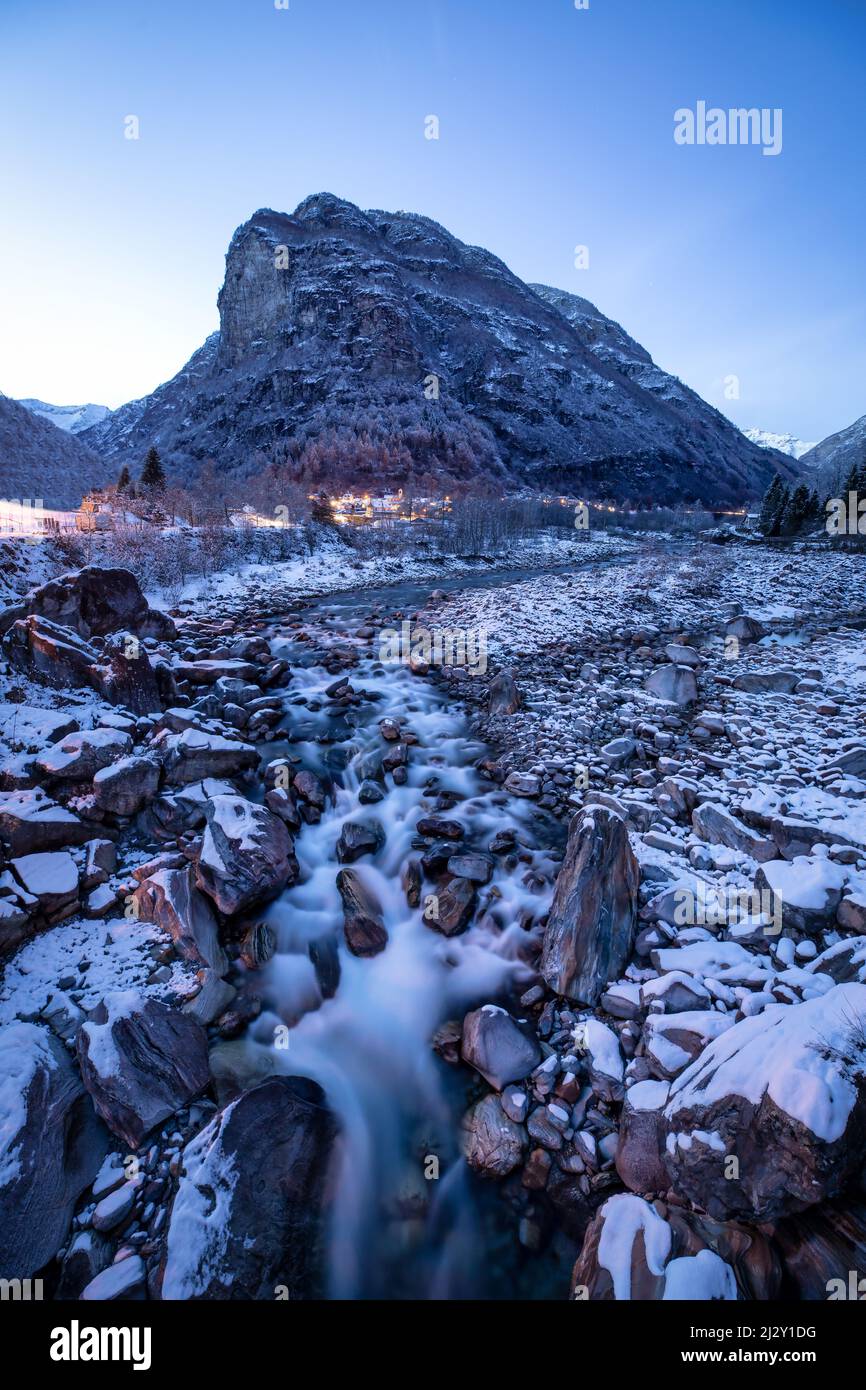 Winter in Verzasca Valley, Brione, Ticino, Switzerland, Europe Stock Photo