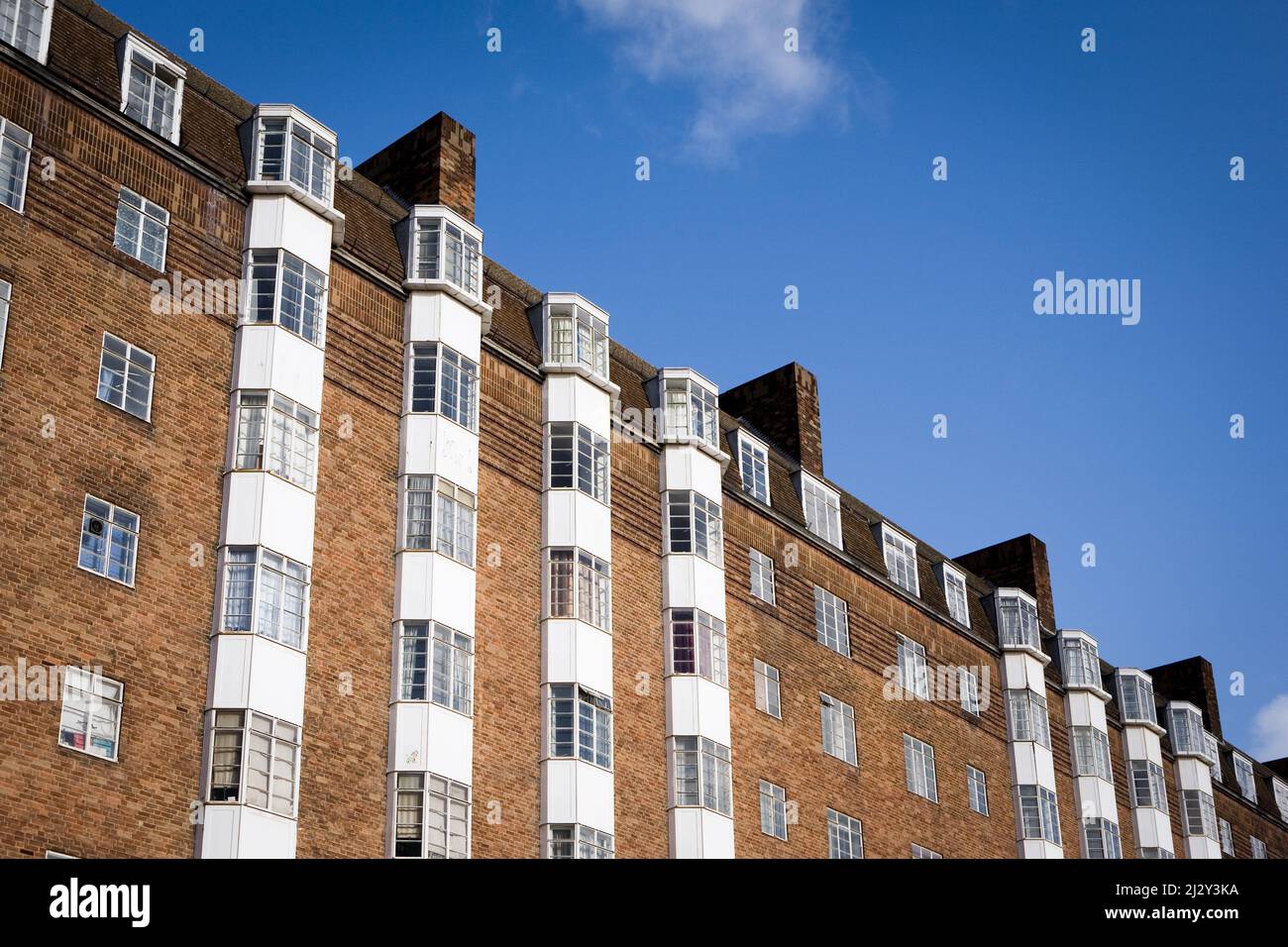 Art Deco apartments, London, UK. A low angle, diagonal view of a block