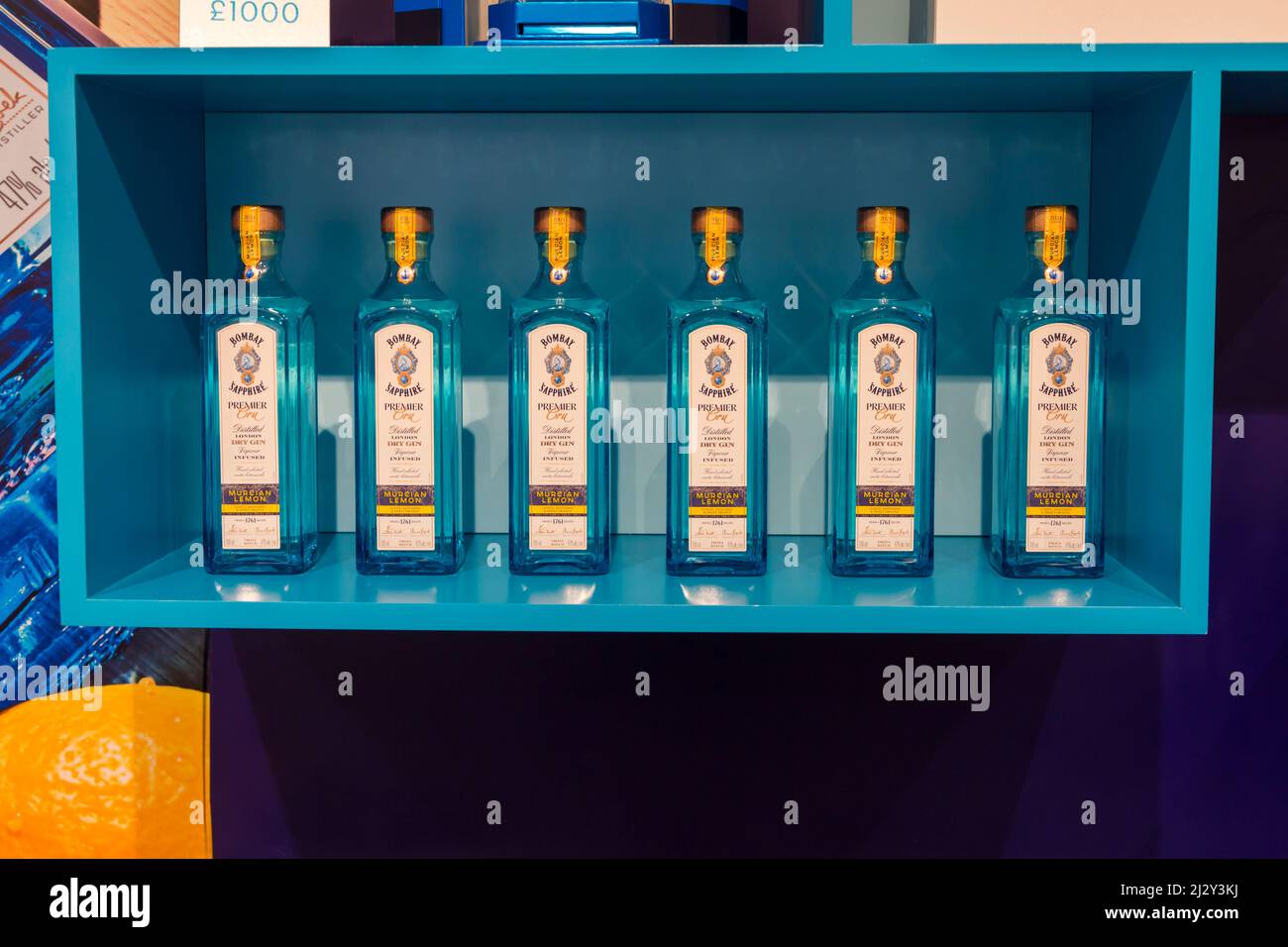 Bottles of Bombay Sapphire gin for sale on display in Gin Shop at