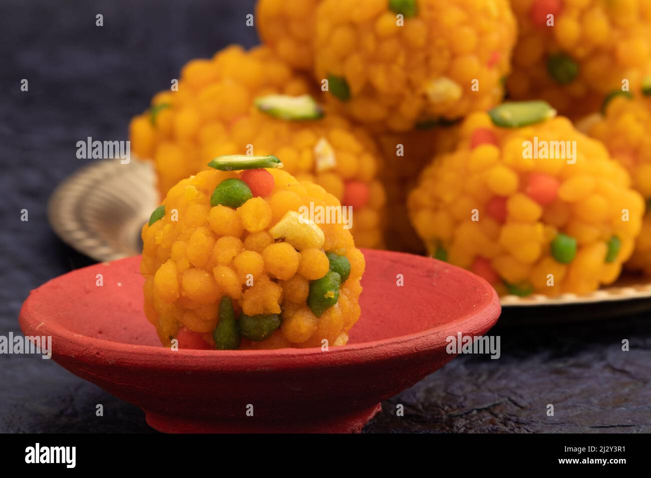 Jodhpuri Bundi Laddu Also Called Tiranga Boondi Ladoo Mithai Is Made Of Besan Sooji Suji Desi Ghee Is Enjoyed On Deepawali, Dussehra, Rakshabandhan Stock Photo