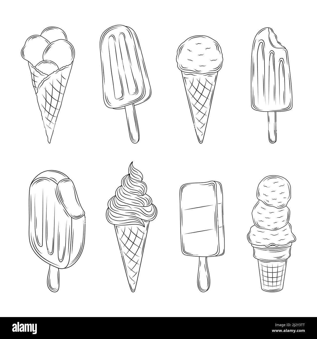 Vintage ice cream. Sketch icecream objects, hand drawn ice creams pie and stick, vanilla cone and sundae bowl desserts, vector illustration Stock Vector