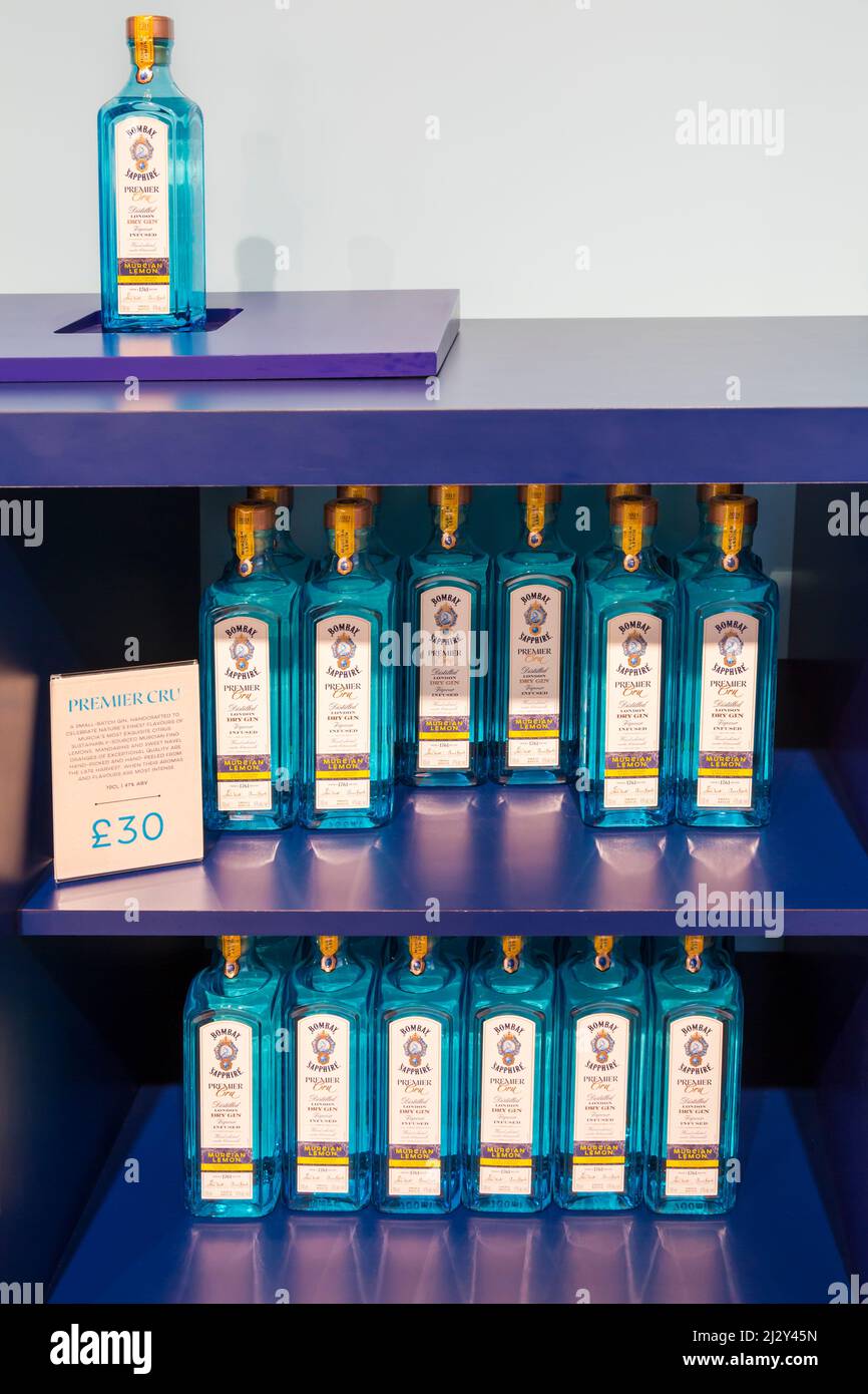 Bottles of Bombay Sapphire gin for sale on display in Gin Shop at
