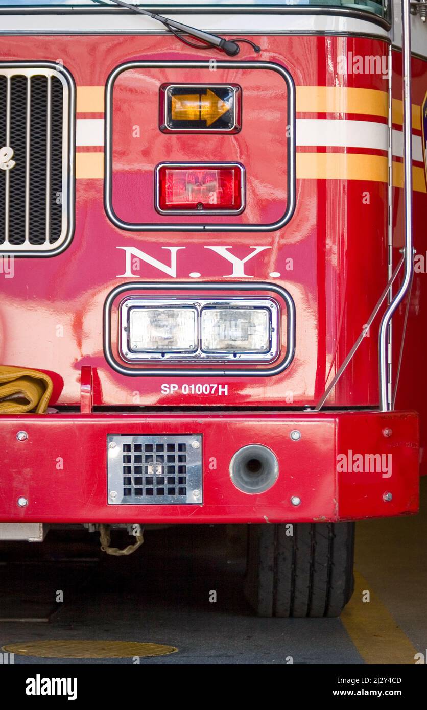 New York City fire truck. Close detail view on the front headlamp of an NYC Fire Department fire engine. Stock Photo