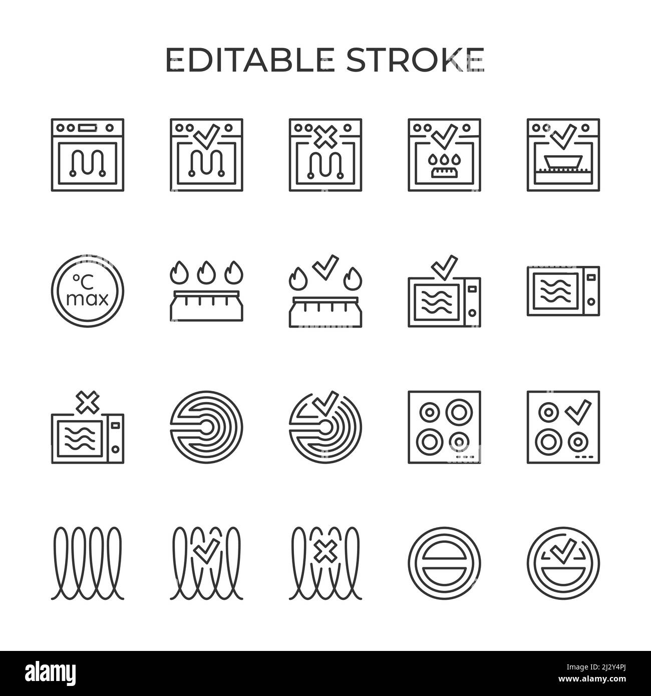 Metallic tableware symbols. Suitability for cookware gas, induction and ceramic stoves set of linear icons. Vector illustration. Stock Vector