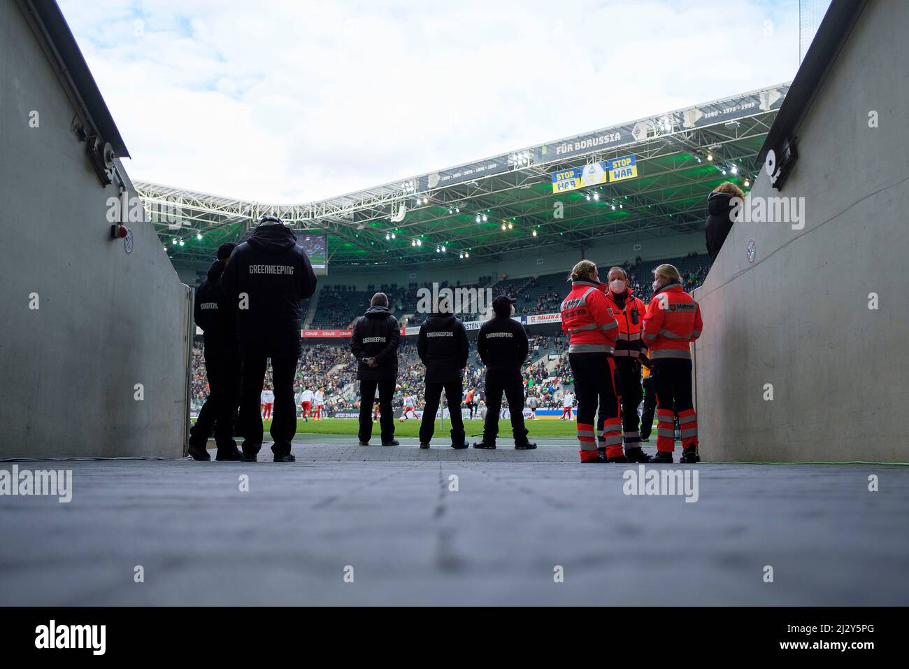 Feature, view of Borussia Park, helpers of a matchday in front of it, greenkeeper, greenkeeping, Malteser rescue service. Soccer 1st Bundesliga, 28th matchday, Borussia Monchengladbach (MG) - FSV FSV FSV Mainz 05 (MZ) 1: 1, on April 3rd, 2022 in Borussia Monchengladbach/Germany. #DFL regulations prohibit any use of photographs as image sequences and/or quasi-video # Â Stock Photo