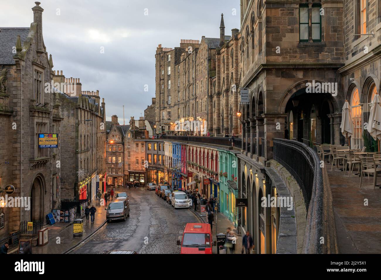 Facades on Victoria Street from West Bow, Old Town Edinburgh, Scotland, UK Stock Photo