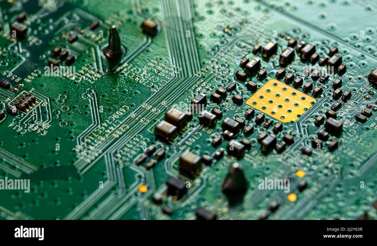 Macro Close up of printed wiring on PC circuit board of modem router ...