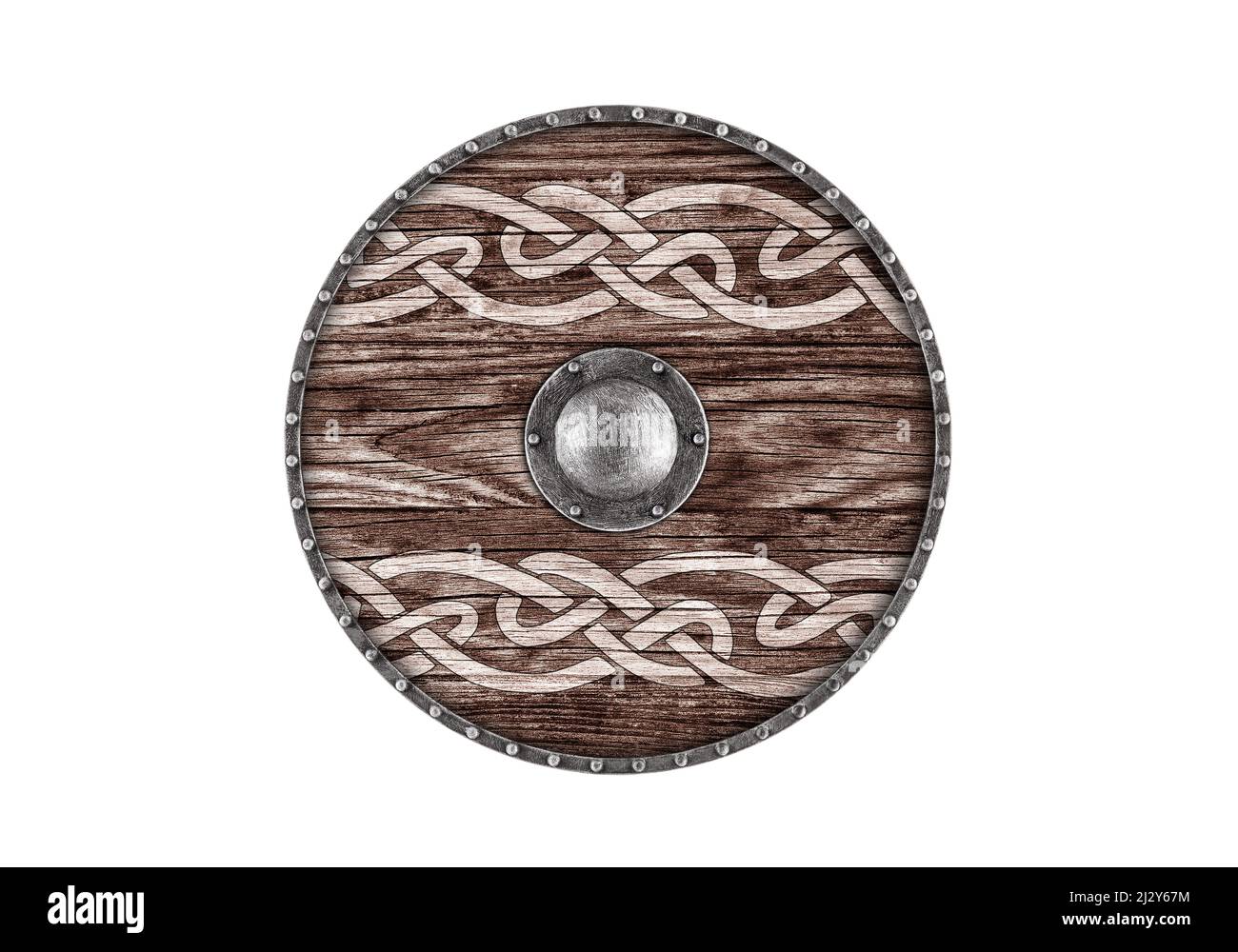 Old decorated wooden round shield isolated on white background Stock