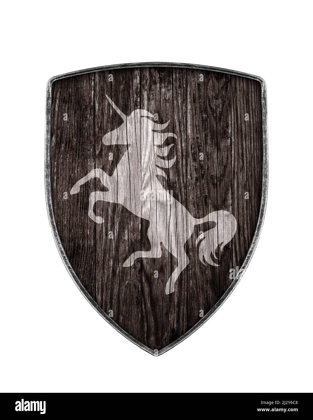 Dark wooden shield with unicorn isolated on white background Stock Photo
