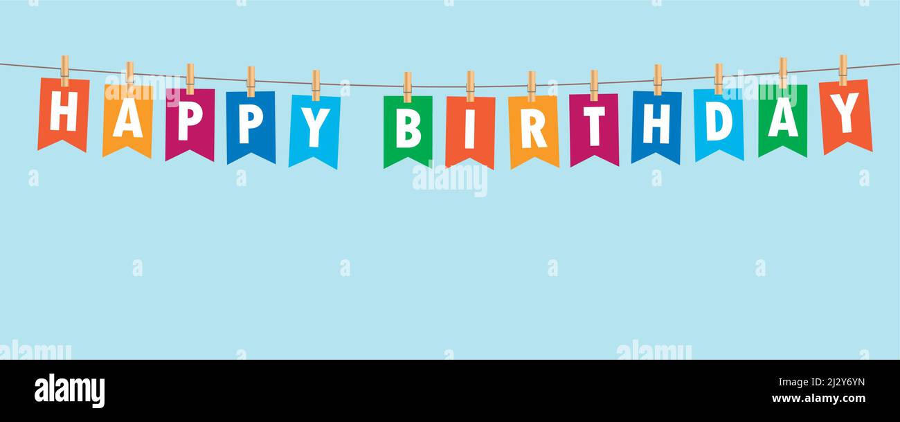 happy birthday party flags banner on blue background Stock Vector