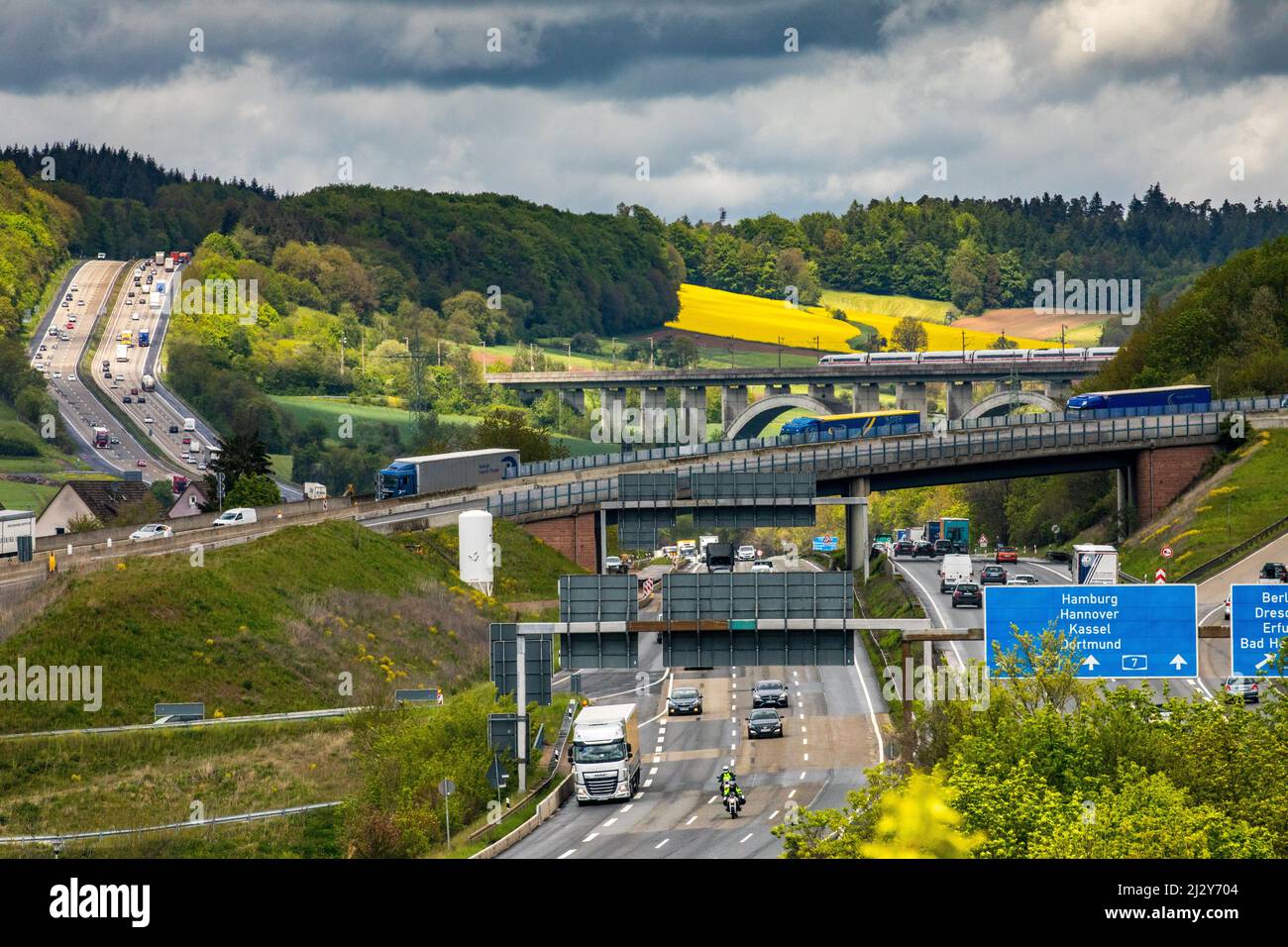 Motorway junction Kirchheimer Dreieck, A4 and A7, Bad Hersfeld, ICE route, landscape, German motorway, Stock Photo
