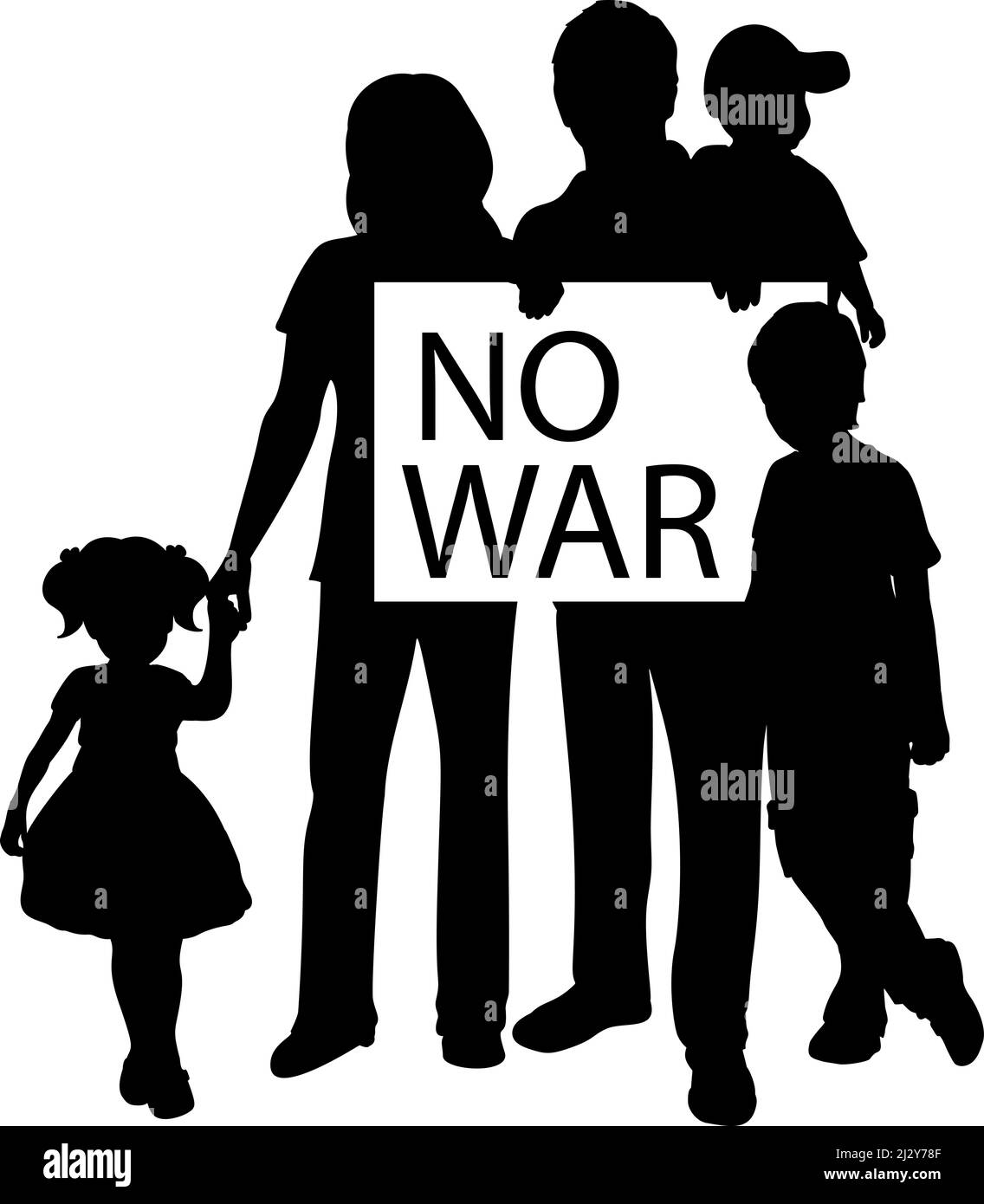Silhouette family holds placard NO WAR. Stock Vector