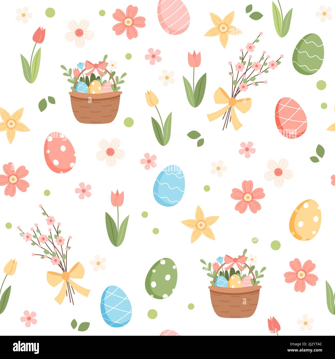 Spring easter pattern with cute elements - decorated eggs and flowers. Vector illustration in flat cartoon style Stock Vector