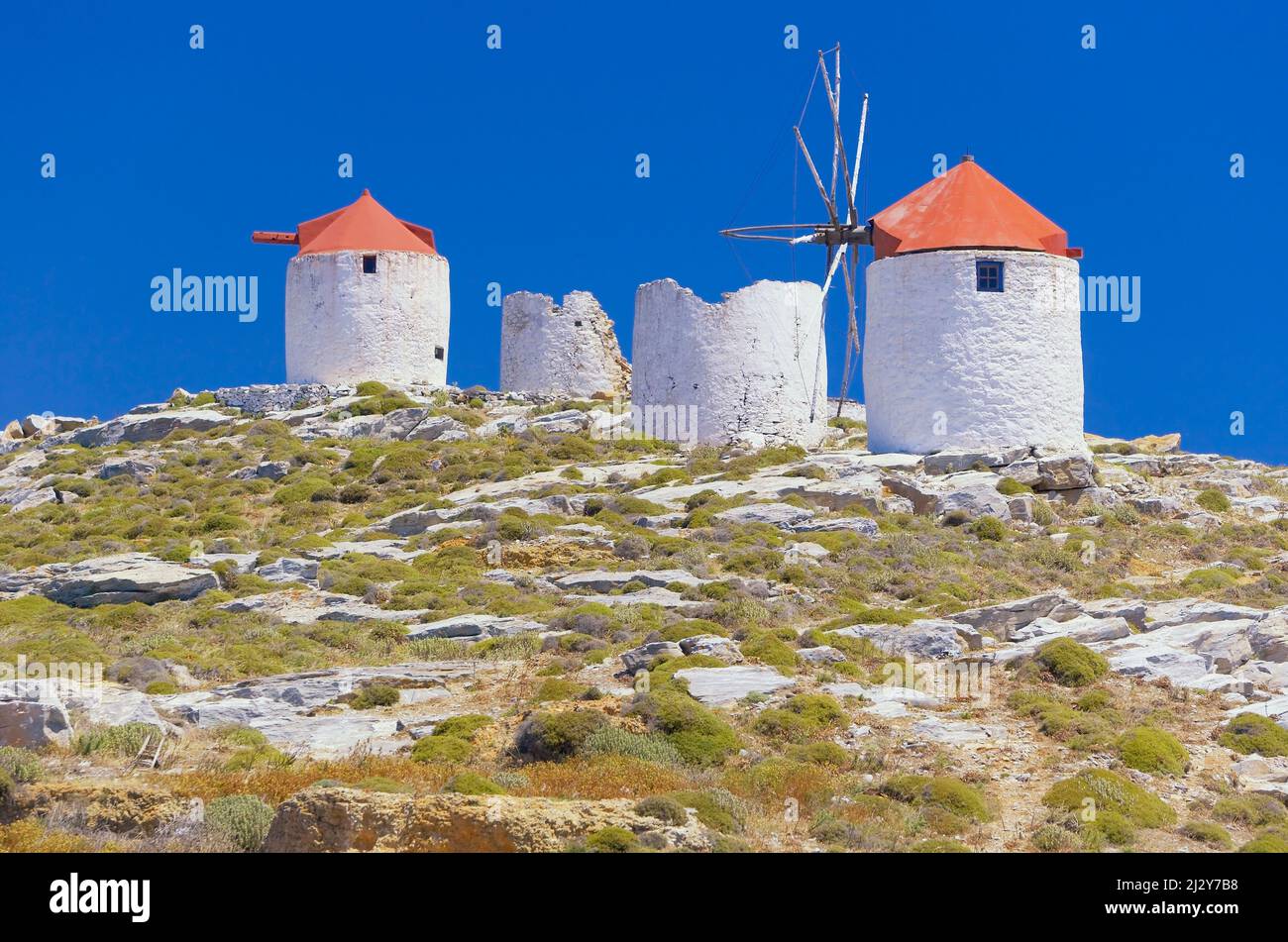 Traditional windmills, Chora, Amorgos, Cyclades Islands, Greece Stock Photo