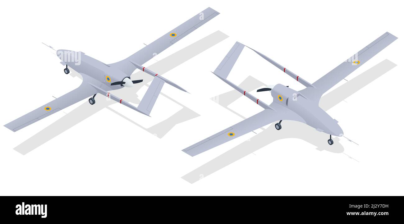 Isometric Unmanned combat aerial vehicle. Medium-altitude long-endurance MALE unmanned combat aerial vehicle UCAV capable of remotely controlled or Stock Vector