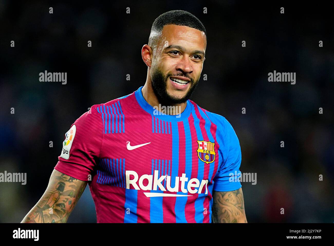 Memphis Depay of FC Barcelona during the La Liga match between FC Barcelona and Sevilla FC played at Camp Nou Stadium on April 3, 2022 in Barcelona, Spain. (Photo by Sergio Ruiz / PRESSINPHOTO) Stock Photo