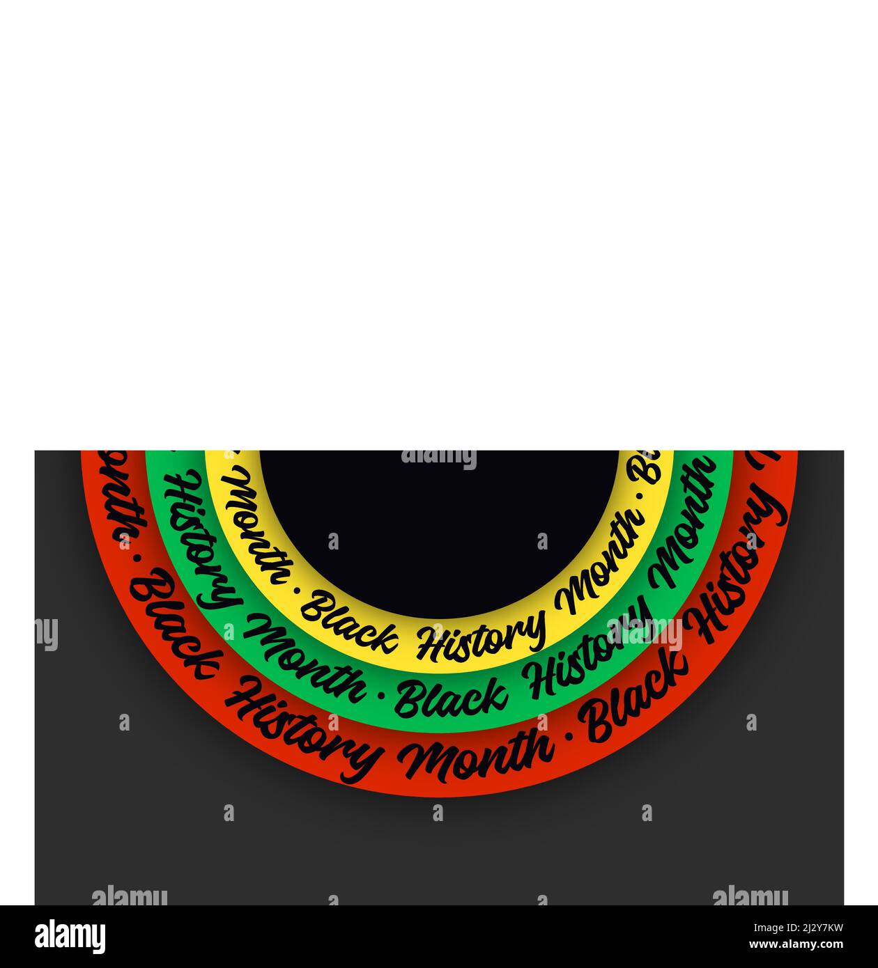 Black History Month lettering on circles on black background. Abstract color red, yellow, green circle color banner. Copy space for text. Concept Stock Vector