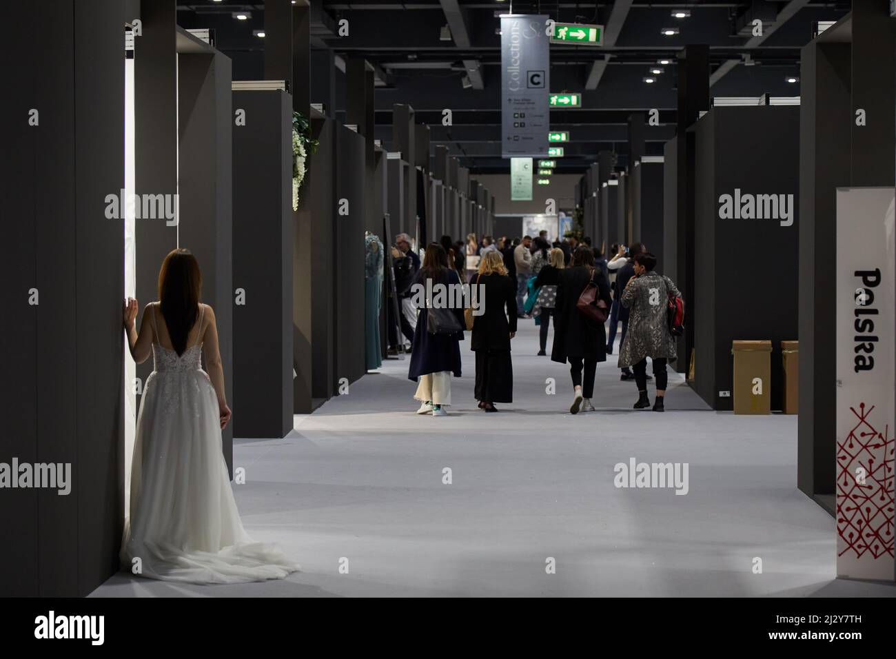 MILAN, ITALY - APRIL 3, 2022: Stands and visitors at Si Sposaitalia Collezioni fair during Milan Bridal Week Stock Photo